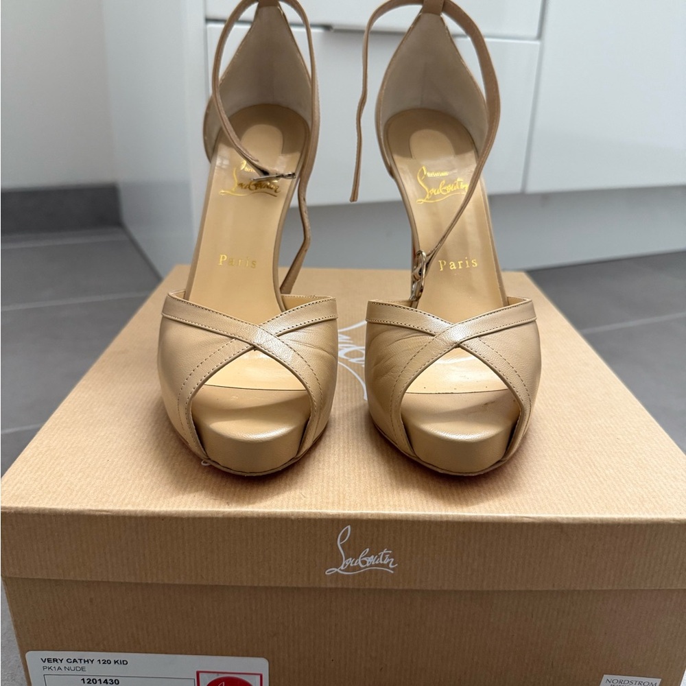 Christian Louboutin Nude Beige Leather Peep-Toe Platform Heels
